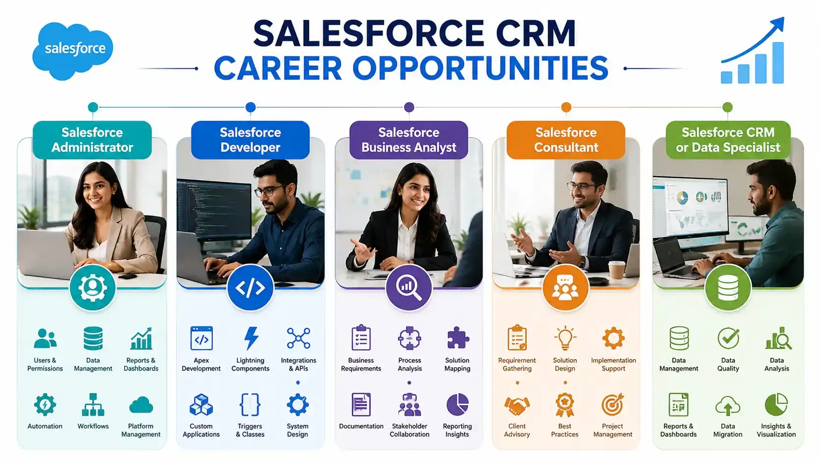 Salesforce CRM career opportunities including Administrator, Developer, Business Analyst, Consultant and CRM Data Specialist